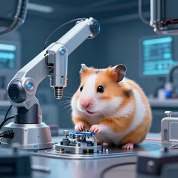 portrait of a hamster working in an advanced robotics lab, sleek technology, art by artgerm and greg rutkowski