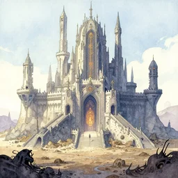 futuristic scifi castle in a quagmire. bande dessinee cover art, watercolor.
