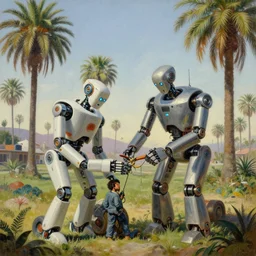 natural american landscape | robot repairing another robot | palm trees, painting by syd mead and weta studio and alphonso mucha and james jean, frank frazetta, highly detailed, rule of third, soft lighting, 8 k resolution, oil on canvas, architectural magazine, beautiful detailed, insanely intricate details, artstation trending, hypermaximalistic, high details, cinematic