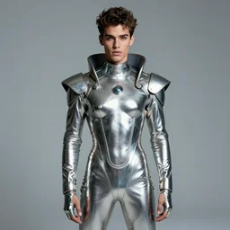portrait davis taylor brown dressed in 1 9 8 1 space fantasy fashion, avante garde, shiny metal