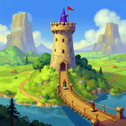 a wizard tower across from a rope bridge, from a fantasy point and click 2 d graphic adventure game, art inspired by john shroades, king's quest, sierra entertainment games, colorful landscape painting