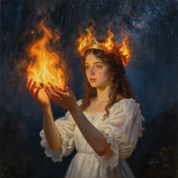painting of a girl holding a crown of fire in the rain, in the background you can see the milky way. by Daniel F. Gerhartz, hyperrealistic oil painting, 4k, studio lightning, baroque