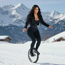 cinematic shot of kim kardashian riding a unicycle on a snowy mountain, 8 k, very intricate, very detailed,