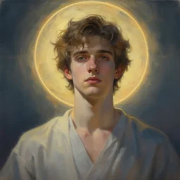 painting, young male, heavenly, halo, cinematic lighting, extremely detailed, sharp focus, by greg rutkowski, wlop, intricate, beautiful, award winning, trending on artstation, pixiv