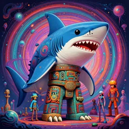 surreal portrait of a giant cartoon alien shark as a psychedelic neural tiki reptile stone god by naoto hattori, android jones, and chris dyer, deep bold colors, galactic dmt entity, depth of field, intricate beautiful painting, billions of details, octane render, portal, 8 k, detailed vector, trending on artstation, cgisociety