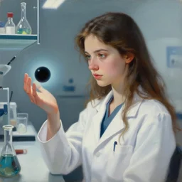 an oil protrait painting of a beautiful young female scientist in a laboratory looking at a small black hole in her hand, style by jordan grimmer and greg rutkowski, elegant, sharp focus, morandi color scheme, illustration, high quality, highly detailed, long hair, digital art, science fiction art style, art station