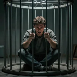 A man stuck inside a mental cage, going crazy, thoughts, anxiety, digital art, trending on artstation, movie shot, cinematic, hyperrealistic, detailed, depth of field, High definition, 8k, octane render