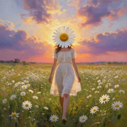 daisy flowers as a face, full body, girl walking in a flower field, surreal photography, sunrise dramatic light, impressionist painting, colorful clouds, digital painting, artstation, simon stalenhag, flower face