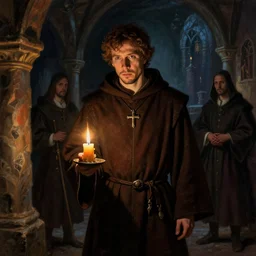 jesse eisenberg as an enigmatic medieval christian ( ( monk ) ) in a dark underground city. dark shadows, colorful, law contrasts, ( ( ( candle lighting, without candles ) ) ) fantasy portrait by jakub rozalski, jan matejko, and j. dickenson
