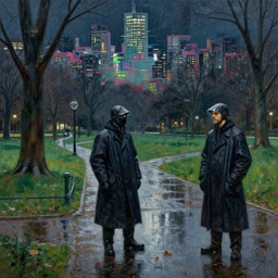 a detailed painting of a park at night by leonid afremov and william de nuncques, rain puddles, a glitched dystopian city in the background, in foreground two plague doctors