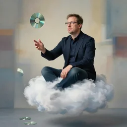 gabe newell is sitting on a cloud and throwing cds on the ground, soft light, realism, maximum detail, high quality, good study of style, depth of field, focus, painting classicism and abstractionism