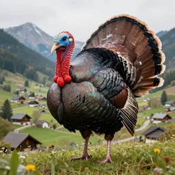 a giant turkey terrorizing a quaint mountainside village