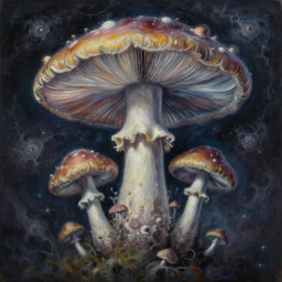 mushroom universe by Alex Gray, oil painting, cosmic, ethereal, highly detailed, psychedelic, fractcal, low contrast, trending on artstation