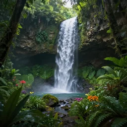 jungle cave waterfall wild flowers plants, volumetric lighting, rtx on, an award winning digital render, beautiful, ultradetailed, great composition, depth of field