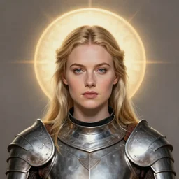 masterpiece head-on symmetrical centered painted portrait, Imogen Poots as a holy warrior, blonde hair, holy light halo, glorious, wearing full metal armour, elegant, distant, in the style of Yoshitaka Amano and Ruan Jia and Kentaro Miura and Edgar Maxence and Ross Tran and Zdzisław Beksiński and Michael Whelan and Mucha, 8k, octane render