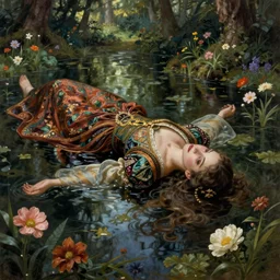 artistic painting, medieval princess, ophelia, wearing ornate robes, beautiful eyes and lips, drowned, floating flat on her back in a forest pond, flowers, wide angle, art by artgerm and wlop and brom, highly detailed, 8 k, cinematic, digital painting, sharp focus, illustration, masterpiece