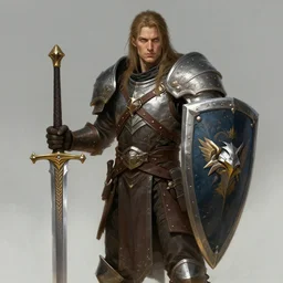 portrait of a warforged character holding a paladin engraved longsword and carrying a big shield, concept art, by Greg Rutkowski