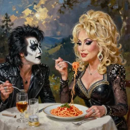 dolly parton having a spaghetti dinner with paul stanley in kiss makeup, an oil painting by ross tran and thomas kincade