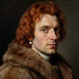 close - up portrait of evgeniy shwartz actor, reddish wavy hair, with a pearl earring, dressed in a rich furcoat, beautiful, cinematic lighting, highly detailed, digital art, oil painting, highly detailed, sharp focus, matte painting, renaissance painting, by kinkade, by alphonse mucha, by leyendecker, by rutkowsky,
