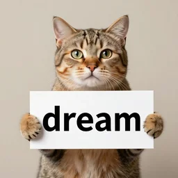 cat holding a sign with text that reads : dream