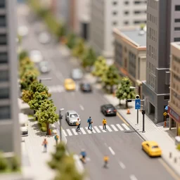 tiny miniature city trafic, people, sunny, depth of field, tilt shift effect