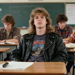 Color VHS video still of a 1989 17 year-old male sitting back at his desk, with long hair, black leather jacket, Metallica T-Shirt in a science high school classroom