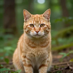 orange tabby cat infront of a forest