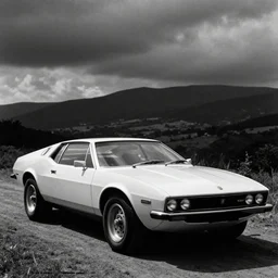A 1980s photography of a futuristic car, black and white, grainy