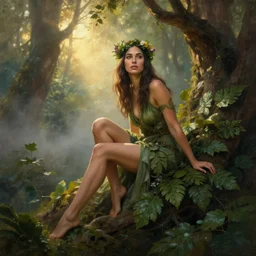 Portrait of the beautiful woman Gal Gadot, she is a forest nymph, she is posing, she has a crown of flowers, she is sitting on an ancient forest, there is fog and lots of extravagant leafs, she is getting ulluminated by the rays of the sunset, the photo was taking by Steve McCurry, matte painting, oil painting, naturalism, 4k, 8k
