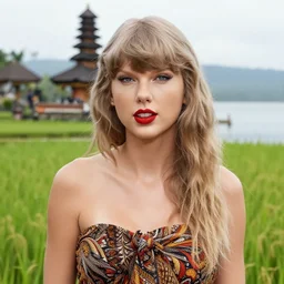 taylor swift wearing batik bali in bali. temple lake, rice field ocean. front view. instagram closeup holiday photo shoot, perfect faces, beautiful