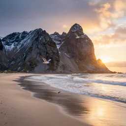 Ultrarealistic, beautiful landscape of an oceanic beach with mountains in the background and the sun setting over the mountain peaks. Seagulls can be seen flying close to the beach. The mountains are extremely tall with snow caps on them.
