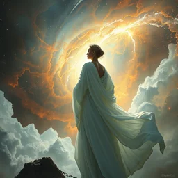 in flowing white robes she watched as the universe was born, saturated nebulas, bright arc of light, radiant light, stars, intricate, hyper detailed, beautiful concept art by greg rutkowski, artgerm, ruan jia, norman rockwell, caravaggio