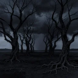 in the black storm, gnarled trees on a darkling plain, tree roots, drawn by christan delort and jean gireaud, low camera, wide angle, centered composition, golden ratio