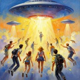 a picture of people floating up toward flying saucers, the rapture, a detailed action painting by mort kunstler, pixiv, kitsch movement, blissful background, movie poster, official art