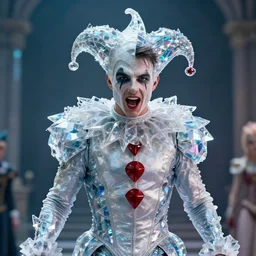 a cinematic still from jajaboonords flipjimtots, (tom cruise!!!!!) jester costume, crystalline!!, ((octane render, nvidia raytracing demo)), masterpiece