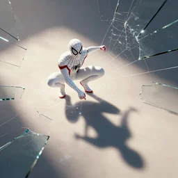 spider - man, long shadow, light colors, white magic, web, shining web, by greg rutkowski, multiple dimensions, shattered glass, refractions, highly detailed, environmental light, cinematic by francis tnehunreal, octane render, nvidia, concept art, close up