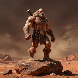 muscular barbarian on mars, standing on boulder, science fiction pulp illustration