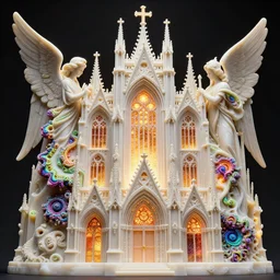 beautiful hyperrealistic 3 d render of a delicate ivory sculpture of an ornate cathedral populated by mandelbrot fractals by android jones, micro detail, unreal engine, dramatic lighting, psychedelic, octane renderer, catholicpunk, glowing, white, gold inlay, photorealistic, physically based rendering, angelic, hyper detailed, colorful, carved soap, trending on cgsociety