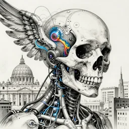 ai biomech, ethereal ultralight robot skull mechanism, quantum physics, angelic and unsettling, wires, veins, ferrofluid, bismuth, style blend of hideo kojima, shepard fairey, and botticelli, city backdrop is a blend of the vatican, neo - andean architecture and brutalism, 4 k photorealistic, ultra fine inklines