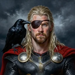 hugh laurie as odin with only one eye, wearing a leather eye-patch!, a raven on his shoulder, dark background, stormy clouds, hyperrealistic, very detailed painting by Glenn Fabry, by Joao Ruas, by Artgerm