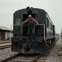 the disembodied spirit of a dangerous railroad worker, Boxcar on the railroad, Cinematic, 35mm, film still from a horror movie