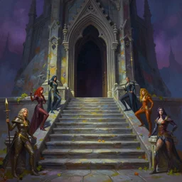matte glossy painting of stone steps fantasy leading do a gothic witches doorway portal, artstation by emilia dziubak, will terry, greg olsen, chris mars, ann long, and mark brooks, gret ritkowski dramatic, architecture, colorful warcraft architecture