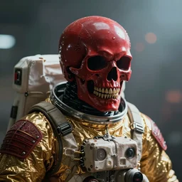 angry ornate red skull in astronaut suit, gold linens, cinematic lighting, dramatic,  octane render, long lens, shallow depth of field, bokeh, anamorphic lens flare, 8k, hyper detailed, 35mm film grain, hazy