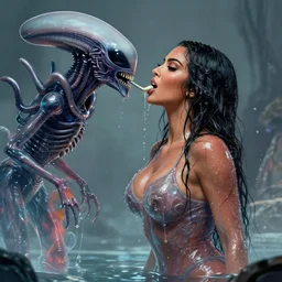 cinematic full - body - shot still of kim kardashian being mouth fed by an xenomorph in a transparent alien liquid, wet flowing hair, gooey skin, illustration, unreal engine 5, 8 k, made by h. r. giger.