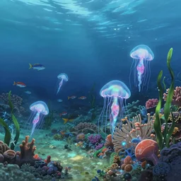 an anime movie background matte painting of an underwater ocean reef, sea floor, caustics, coral, glowing jellyfish, fish, anemones, seaweed, by makoto shinkai, trending on artstation, highly detailed