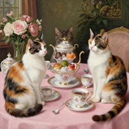 3 calico cats enjoying a fancy english tea party, painted by jan van eyck
