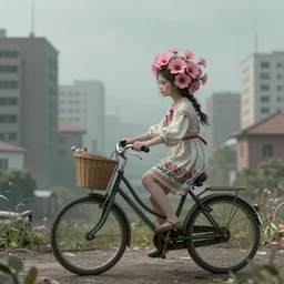 cityscape, dystopian, young girl in a bicycle. pink flowers in her hair. folk horror. great detail.