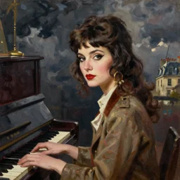 woman, detailed almond eyes shape, dressed in beatnik style, piano, dark clouds, stylish, greg hildebrandt fancy paris oil painting high quality