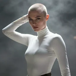 film still of elizabeth debicki as asajj ventress, bald head, focus on face, wearing tight white turtleneck glamour pose, dramatic lighting, unreal engine, mist, steve mccurry, cinematic composition, volumetric lighting