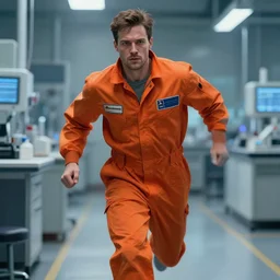 a man in an orange jumpsuit running through a laboratory,digital art,art by greg rutkowski,ross tran,artstation,deviantart,photorealistic,hyperdetailed,detailed face,dramatic,cinematic,high quality